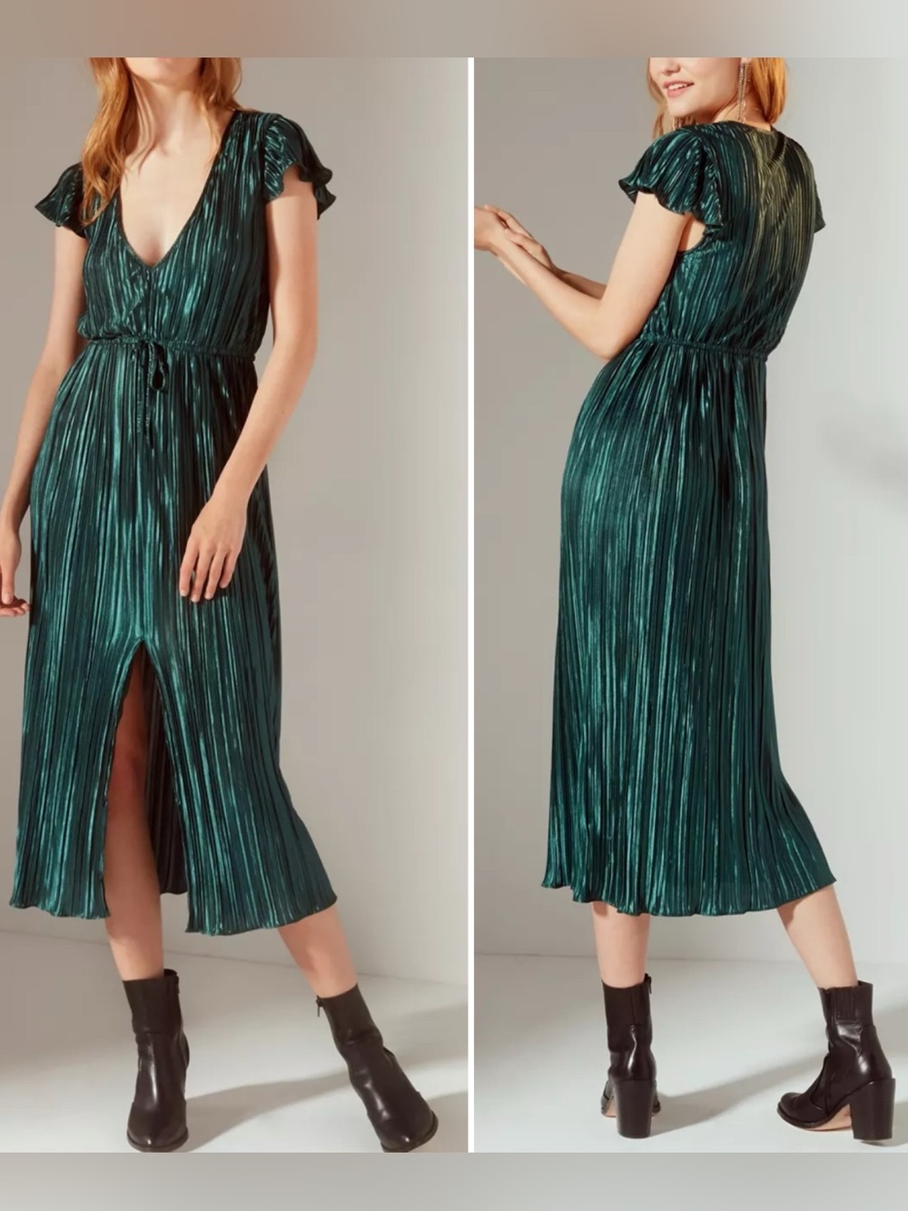 Urban Outfitters UO Green Miranda Metallic Pleated Midi Dress M Dark Fairy Boho